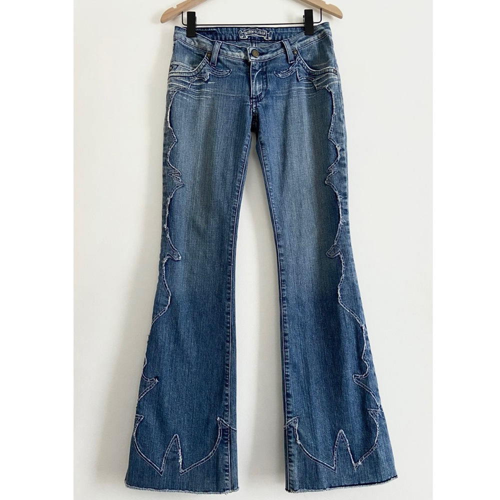 Robin's Jeans Y2K Low Rise Western Bootcut Flare Fringe Denim Blue Jeans Size 29